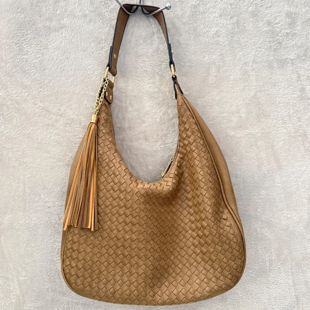 Woven Hobo Bag Tan Faux Leather Shoulder Bag Tassel Accent Boho - Picture 2 of 10